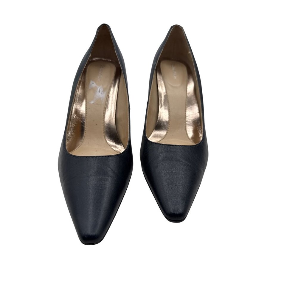Calvin Klein Size 10 Dolly Style Black Pointed-Toe Stylist Leather Heels